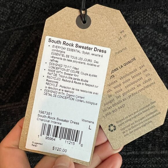 prAna South Rock Sweater Midi Length Dress Size LARGE in Charcoal Intarsia Wool - Picture 5 of 10